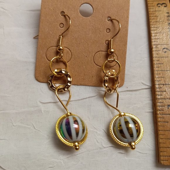 Steel Handmade Hand Crafted Beaded Rainbow Stripe Dangle Earrings #53 - Picture 3 of 11